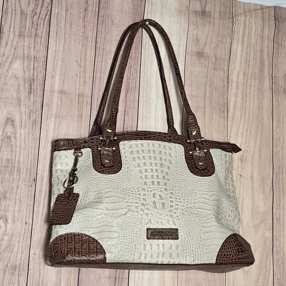 Etienne Aigner Leather Vintage Croc Embossed  Cream & Brown Tote Satchel 15x10" - Picture 7 of 15